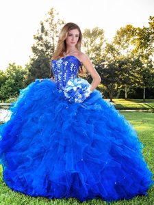 Discount Royal Blue Sleeveless Floor Length Beading and Ruffles Lace Up Quince Ball Gowns
