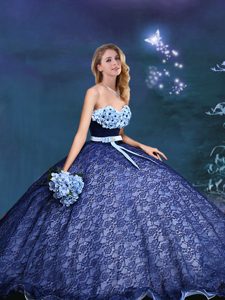 Pretty Royal Blue Sweet 16 Dress Prom and For with Appliques and Bowknot Sweetheart Sleeveless Lace Up