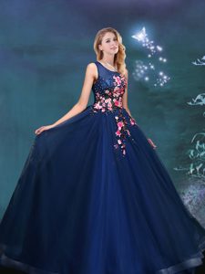 Scoop Navy Blue Lace Up Quinceanera Gown Appliques Sleeveless Floor Length