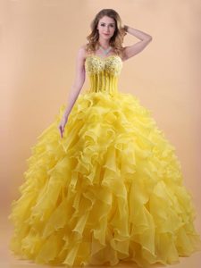 Gold Sleeveless Appliques and Ruffles Floor Length Ball Gown Prom Dress