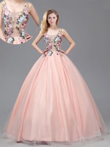Delicate See Through A-line Quinceanera Gowns Baby Pink Straps Tulle Sleeveless Floor Length Criss Cross
