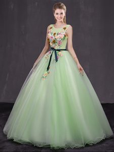 Great Scoop Sleeveless Floor Length Appliques Lace Up Quinceanera Gown with Yellow Green