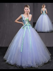 Free and Easy Floor Length Lace Up 15th Birthday Dress Lavender and In for Military Ball and Sweet 16 and Quinceanera with Appliques and Belt