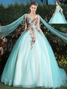 Tulle Sleeveless With Train Vestidos de Quinceanera Brush Train and Appliques