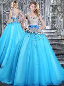 Fashionable Lace Up 15 Quinceanera Dress Baby Blue and In for Military Ball and Sweet 16 and Quinceanera with Appliques and Belt Brush Train