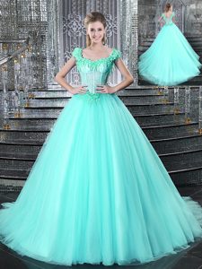 Perfect Straps Straps Aqua Blue Sleeveless Tulle Brush Train Lace Up Ball Gown Prom Dress for Military Ball and Sweet 16 and Quinceanera