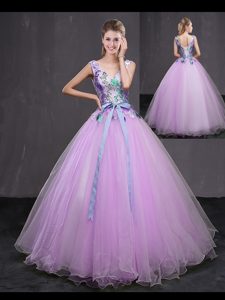 Lilac Sleeveless Tulle Lace Up Quince Ball Gowns for Military Ball and Sweet 16 and Quinceanera