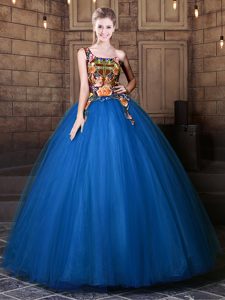 One Shoulder Floor Length Blue Ball Gown Prom Dress Tulle Sleeveless Pattern