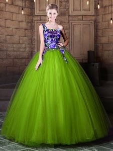 One Shoulder Olive Green Sleeveless Pattern Floor Length Ball Gown Prom Dress