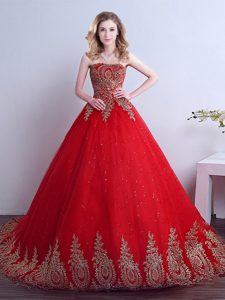 Red Lace Up Sweet 16 Dress Appliques and Sequins Sleeveless Court Train