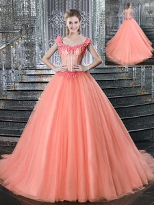 Straps Straps Peach Ball Gowns Beading Quinceanera Dresses Lace Up Tulle Sleeveless With Train