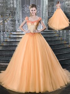 Luxurious Straps Straps Orange Sleeveless Brush Train Beading and Appliques With Train 15th Birthday Dress