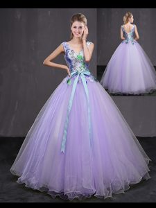 Floor Length Lavender Quinceanera Dress Tulle Sleeveless Beading and Belt