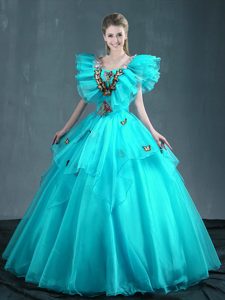 Floor Length Aqua Blue 15 Quinceanera Dress Organza Sleeveless Embroidery