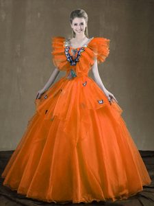 Stylish Sleeveless Floor Length Appliques and Ruffles Lace Up Quinceanera Gown with Orange Red