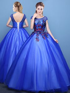 Spectacular Royal Blue Scoop Neckline Appliques Ball Gown Prom Dress Cap Sleeves Lace Up