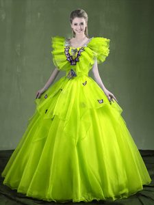 Captivating Yellow Green Ball Gowns Appliques and Ruffles Dama Dress for Quinceanera Lace Up Organza Sleeveless Floor Length