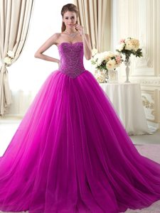 With Train Lace Up Sweet 16 Dresses Fuchsia and In for Military Ball and Sweet 16 and Quinceanera with Beading Brush Train