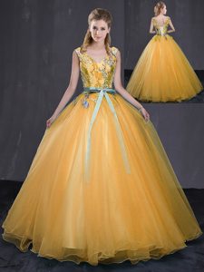 Latest Gold Lace Up V-neck Appliques and Belt Quinceanera Dresses Tulle Sleeveless