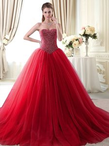 Extravagant Red Sleeveless With Train Beading Lace Up Sweet 16 Quinceanera Dress