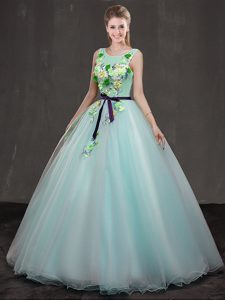 Apple Green Ball Gowns Organza Scoop Sleeveless Appliques Floor Length Lace Up 15 Quinceanera Dress