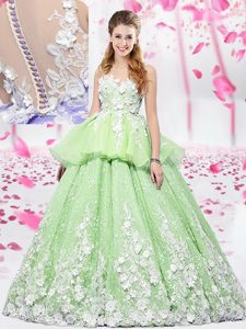 High Class Ball Gowns Quinceanera Dress Yellow Green Scoop Organza and Tulle Sleeveless Floor Length Lace Up