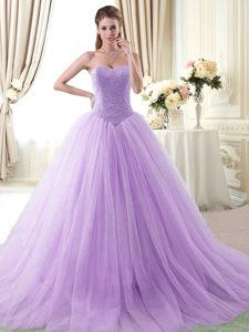 Traditional Lavender Tulle Lace Up Sweetheart Sleeveless Floor Length Quinceanera Gown Beading