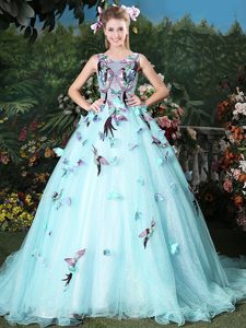 Smart Scoop Light Blue Sleeveless Organza Brush Train Lace Up Quince Ball Gowns for Military Ball and Sweet 16 and Quinceanera