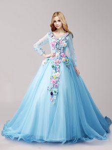 Latest Long Sleeves Tulle Brush Train Lace Up 15th Birthday Dress in Baby Blue for with Hand Made Flower