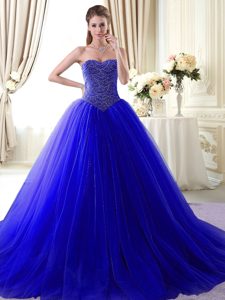 High End Sweetheart Sleeveless Brush Train Lace Up Ball Gown Prom Dress Royal Blue Tulle