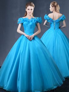 Light Blue Lace Up Scoop Beading and Appliques Sweet 16 Dress Tulle Sleeveless Brush Train