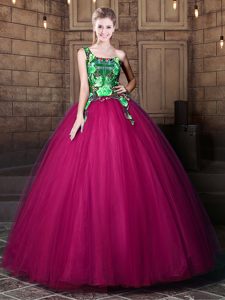 Artistic One Shoulder Fuchsia Ball Gowns Pattern Sweet 16 Quinceanera Dress Lace Up Tulle Sleeveless Floor Length