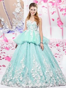 Scoop Apple Green Sleeveless Floor Length Lace and Appliques Lace Up Sweet 16 Quinceanera Dress