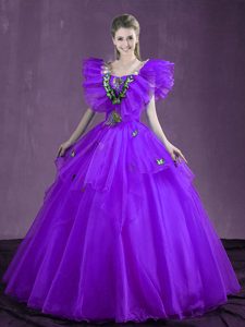 Wonderful Purple Lace Up Sweetheart Appliques and Ruffles Sweet 16 Dresses Organza Sleeveless