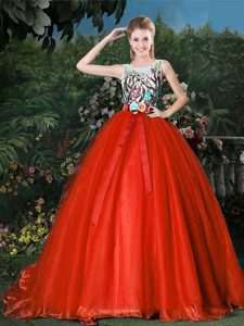 Red Ball Gowns Scoop Sleeveless Organza Brush Train Zipper Appliques and Belt Quince Ball Gowns