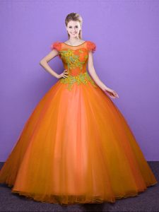 Orange Ball Gowns Tulle Scoop Short Sleeves Appliques Floor Length Lace Up Quinceanera Gowns