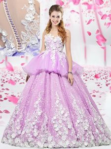 Scoop Lilac Sleeveless Lace and Appliques Floor Length Sweet 16 Quinceanera Dress