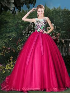 Classical Scoop Hot Pink Ball Gowns Appliques and Belt 15th Birthday Dress Zipper Organza Sleeveless