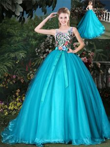 Deluxe Scoop Zipper Quinceanera Gowns Teal and In for Military Ball and Sweet 16 and Quinceanera with Appliques and Belt Brush Train