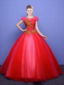 Great Scoop Short Sleeves Lace Up Quinceanera Gowns Coral Red Tulle