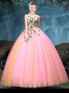 Multi-color Lace Up Ball Gown Prom Dress Appliques Sleeveless Floor Length