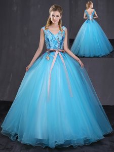 Modern Appliques and Belt Vestidos de Damas Blue Lace Up Sleeveless Floor Length