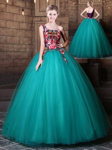 One Shoulder Sleeveless Tulle Floor Length Lace Up Quinceanera Gown in Teal for with Pattern