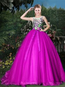 Brush Train Ball Gowns Quince Ball Gowns Fuchsia Scoop Organza Sleeveless Zipper