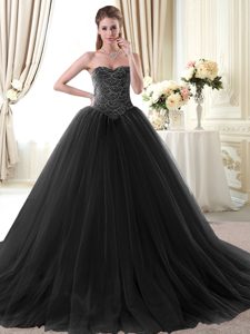 Vintage Tulle Sweetheart Sleeveless Lace Up Beading Ball Gown Prom Dress in Black