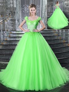 Tulle Lace Up Straps Sleeveless With Train Sweet 16 Quinceanera Dress Brush Train Beading and Appliques