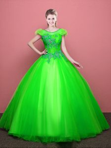 Pretty Ball Gowns Scoop Short Sleeves Tulle Floor Length Lace Up Appliques Quince Ball Gowns