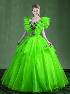 Attractive Sleeveless Organza Floor Length Lace Up Sweet 16 Dress in for with Appliques and Ruffles