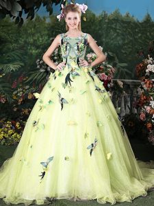 Graceful Scoop Light Yellow Ball Gowns Appliques Quinceanera Gowns Zipper Organza Sleeveless