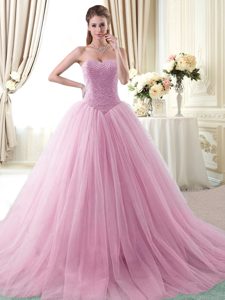 Romantic Rose Pink Sleeveless Tulle Brush Train Lace Up Quince Ball Gowns for Military Ball and Sweet 16 and Quinceanera